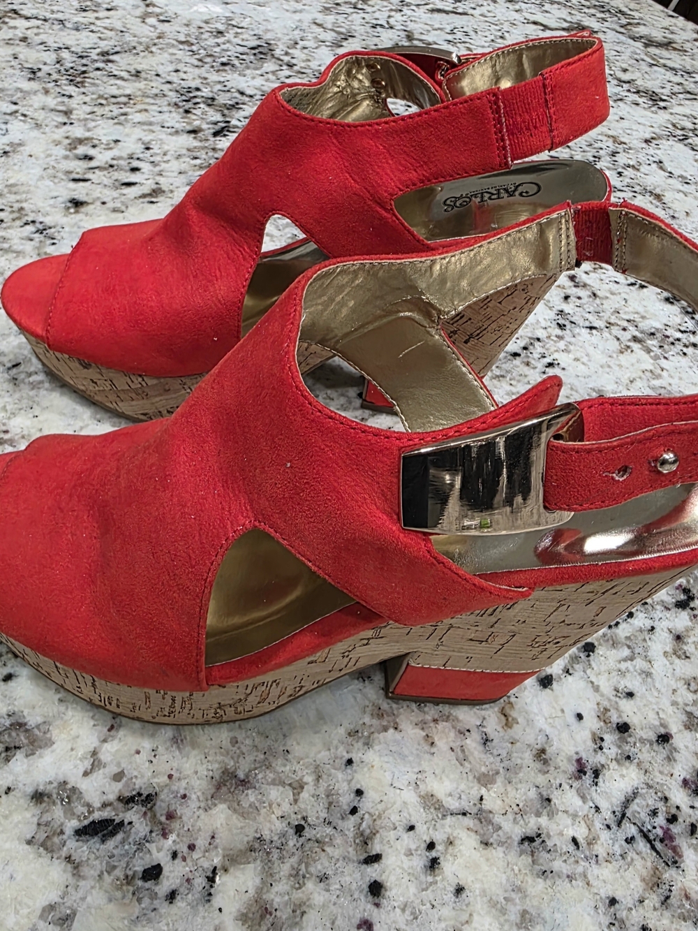 Carlos by Carlos Santana Red Open-Toe Cork Wedge Sandals with Gold Accent